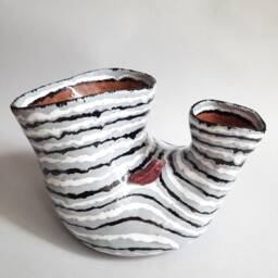 Ceramic White Handmade Striped Vase With Bird, Modern Flower Vase, Pottery Handbuild - thumbnail 3