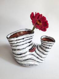 Ceramic White Handmade Striped Vase With Bird, Modern Flower Vase, Pottery Handbuild - thumbnail 1