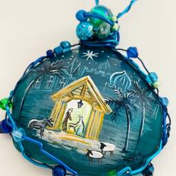 Hand-Painted Nativity Scene Sea Glass Christmas Ornament - thumbnail 2