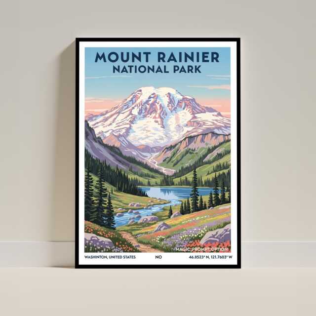 Mount Rainier National Park Washington Travel Poster - Vintage Illustration Usa Print - image 1