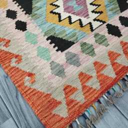 Colourful Runner Rug, Handmade Artisan Afghan Turkish, Scandinavian, Navajo, Bohemian, Wool Flatweave Multicolour Kilim Rug 198x86 cm - thumbnail 2