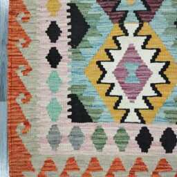 Colourful Runner Rug, Handmade Artisan Afghan Turkish, Scandinavian, Navajo, Bohemian, Wool Flatweave Multicolour Kilim Rug 198x86 cm - thumbnail 4