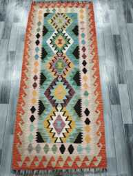 Colourful Runner Rug, Handmade Artisan Afghan Turkish, Scandinavian, Navajo, Bohemian, Wool Flatweave Multicolour Kilim Rug 198x86 cm - thumbnail 1