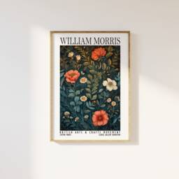 William Morris Style Botanical Floral Print - Cotton Prints Exhibition Vintage Morris, Luxury Foliage Nature Dark Blue Art - thumbnail 1