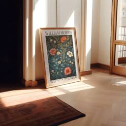 William Morris Style Botanical Floral Print - Cotton Prints Exhibition Vintage Morris, Luxury Foliage Nature Dark Blue Art - thumbnail 3