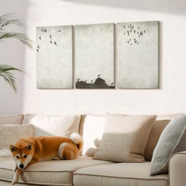Canvas Set Of 3 Wall Art - Flying Flock Birds Minimalist Style, Beige Print On Canvas, Animals Hanging Piece - image 1