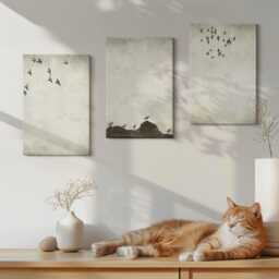 Canvas Set Of 3 Wall Art - Flying Flock Birds Minimalist Style, Beige Print On Canvas, Animals Hanging Piece - thumbnail 3