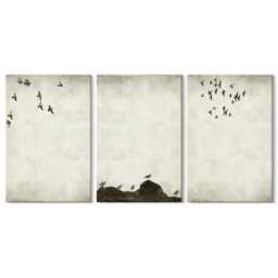 Canvas Set Of 3 Wall Art - Flying Flock Birds Minimalist Style, Beige Print On Canvas, Animals Hanging Piece - thumbnail 2