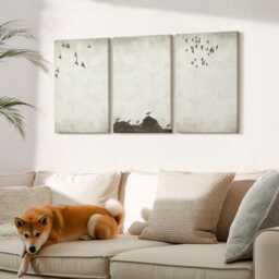Canvas Set Of 3 Wall Art - Flying Flock Birds Minimalist Style, Beige Print On Canvas, Animals Hanging Piece - thumbnail 1