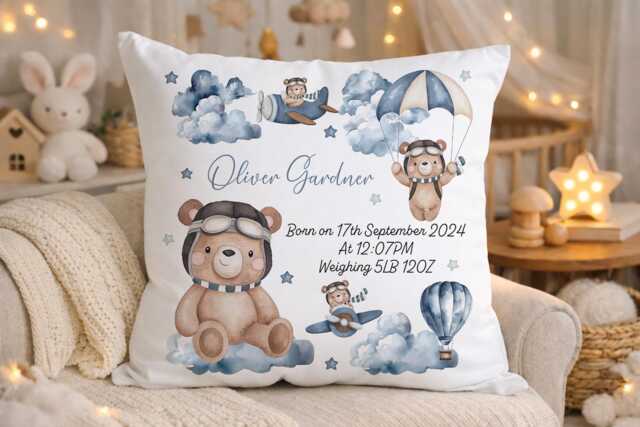 Personalised Teddy Bear Birth Cushion, Watercolour Nursery Pillow, Custom Baby Stats Keepsake - image 1