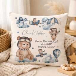 Personalised Teddy Bear Birth Cushion, Watercolour Nursery Pillow, Custom Baby Stats Keepsake - thumbnail 2