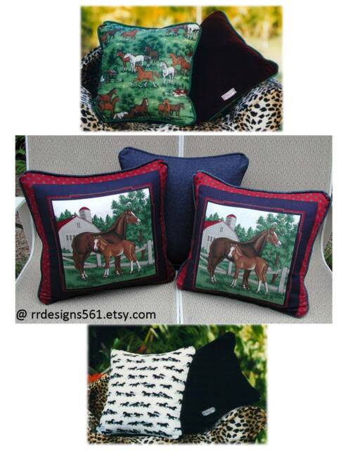 Horse Throw Pillows, Denim Burgundy Velvet, Equestrian Gifts, Toss Pillow, Green Navy Blue, Gift For Her, Lover - image 1