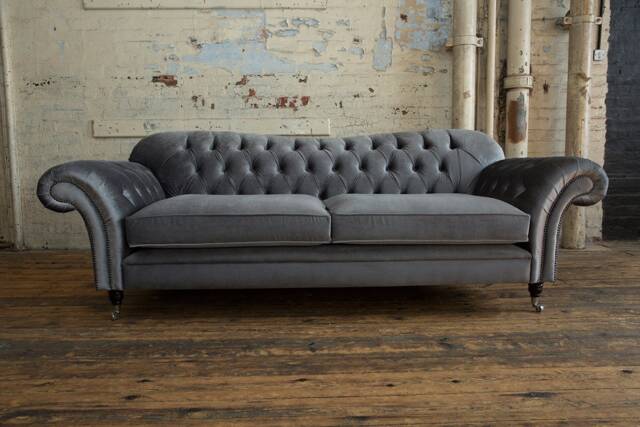 British Handmade 3 Seater Plush Grey Velvet Chesterfield Sofa - image 1