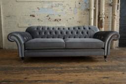 British Handmade 3 Seater Plush Grey Velvet Chesterfield Sofa - thumbnail 1