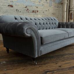 British Handmade 3 Seater Plush Grey Velvet Chesterfield Sofa - thumbnail 3