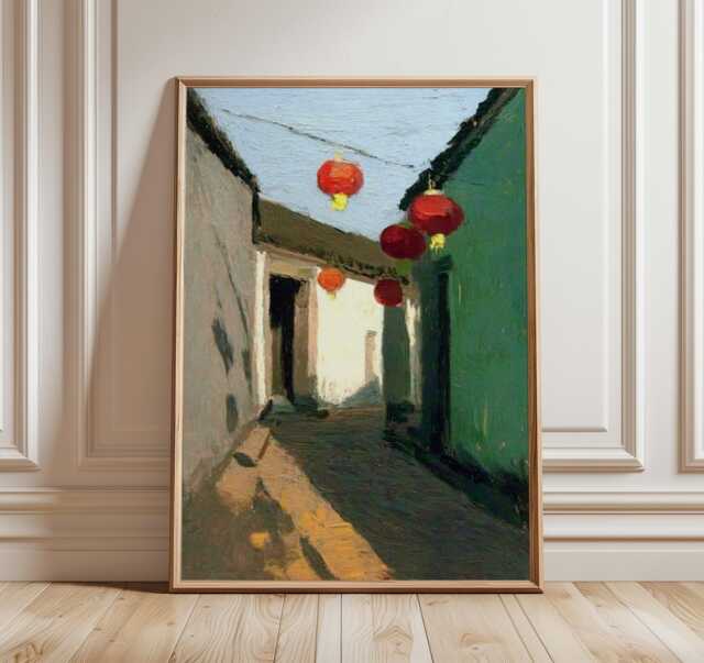 Chinese Courtyard Lantern Art Print, Traditional Alleyway Painting, Red Wall Art, Oriental Street Scene Poster, Warm Cultural Decor - image 1