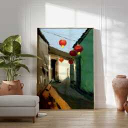 Chinese Courtyard Lantern Art Print, Traditional Alleyway Painting, Red Wall Art, Oriental Street Scene Poster, Warm Cultural Decor - thumbnail 3