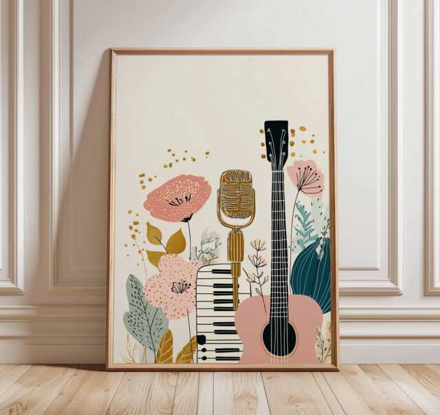 Boho Music Art Print - Floral Guitar Wall Retro Microphone Poster Room Decor Modern Illustration Lover Gift - image 1