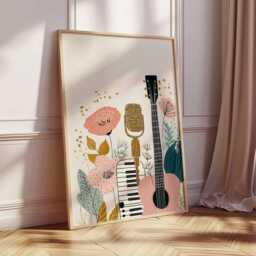 Boho Music Art Print - Floral Guitar Wall Retro Microphone Poster Room Decor Modern Illustration Lover Gift - thumbnail 2