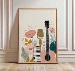 Boho Music Art Print - Floral Guitar Wall Retro Microphone Poster Room Decor Modern Illustration Lover Gift - thumbnail 1