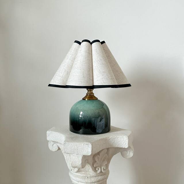Handmade Green Glaze Ceramic Table Lamp 110-240V, Linen Black Trim Flower Ruffle Shade, Bedroom Living Room Kitchen Retro Decor Desk - image 1