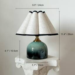 Handmade Green Glaze Ceramic Table Lamp 110-240V, Linen Black Trim Flower Ruffle Shade, Bedroom Living Room Kitchen Retro Decor Desk - thumbnail 3