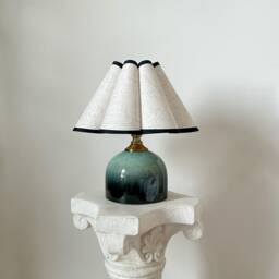 Handmade Green Glaze Ceramic Table Lamp 110-240V, Linen Black Trim Flower Ruffle Shade, Bedroom Living Room Kitchen Retro Decor Desk - thumbnail 1