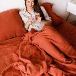 Cotton Bed Linen Muslin Bedding Set King Queen Twin Full Cinnamon Bed Dress. Pillowcases Top Sheet Fitted Bedding Full Terracotta - thumbnail 3