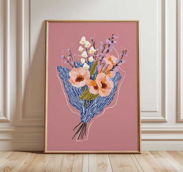 Modern Floral Bouquet Wall Art, Pink Flower Print With Blue Wrapping, Contemporary Botanical Illustration For Living Room Or Bedroom Decor - image 1