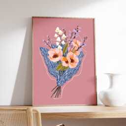 Modern Floral Bouquet Wall Art, Pink Flower Print With Blue Wrapping, Contemporary Botanical Illustration For Living Room Or Bedroom Decor - thumbnail 2