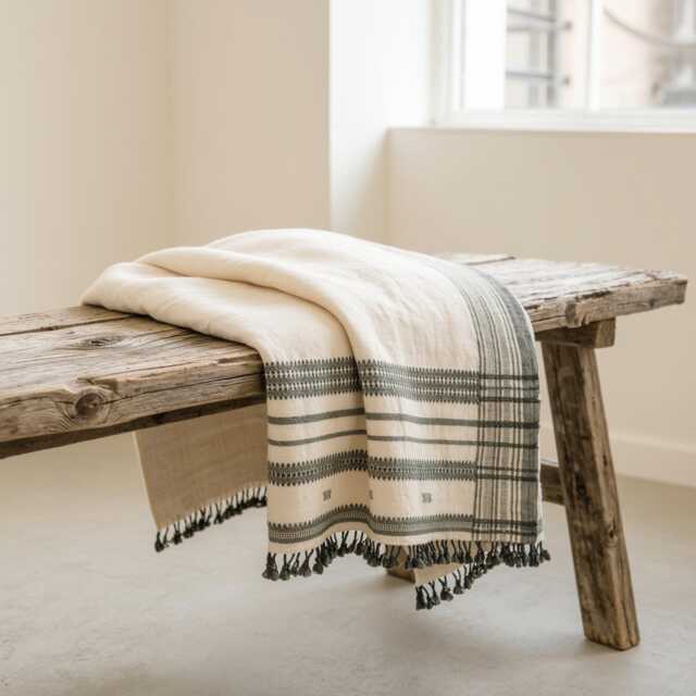 White Indian Wool Throw Blanket, Handwoven Couch Coverlet With Minimalist Bed Accent - Solitaire - image 1