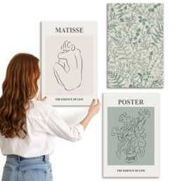 3 Piece Canvas Set - Lines & Plant Patterns in A Minimalist Style, Green Wall Art, Plants Flowers Hanging - thumbnail 3