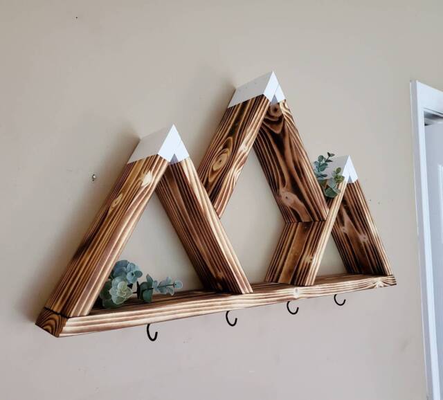 Handmade Mountain Shelf Key Holder, Wood Wall Decor With Hooks - image 1