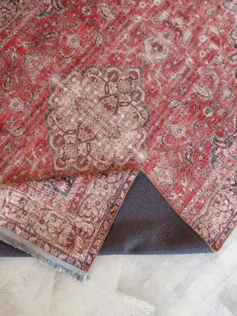Vintage Red Oriental Rug Distressed Floral Medallion, Washable Carpet - image 1