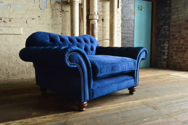 Plush Navy Velvet Chesterfield Snuggle Chair, Loveseat, British Handmade - image 1