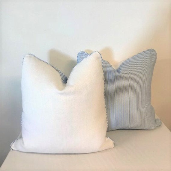Decorative Cushion Cover - Throw Pillow Accent - White Belgium Linen Backed With Blue & Striped Cotton - image 1