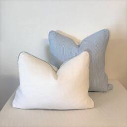 Decorative Cushion Cover - Throw Pillow Accent - White Belgium Linen Backed With Blue & Striped Cotton - thumbnail 3