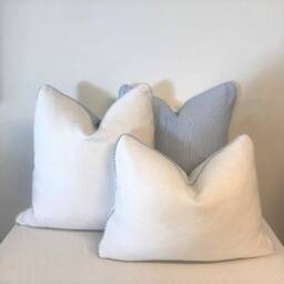 Decorative Cushion Cover - Throw Pillow Accent - White Belgium Linen Backed With Blue & Striped Cotton - thumbnail 2