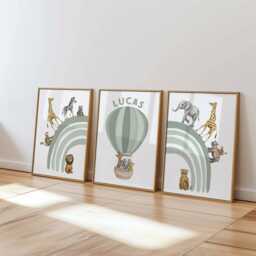 Personalized Safari Animal Nursery Art Sage Green Rainbow Prints - Set Of 3 - thumbnail 2