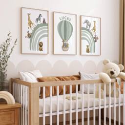 Personalized Safari Animal Nursery Art Sage Green Rainbow Prints - Set Of 3 - thumbnail 1