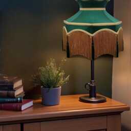 Handmade Dark Green Fabric Lampshade Antique Gold Fringe, Braid, Downton Abbey Style - thumbnail 2