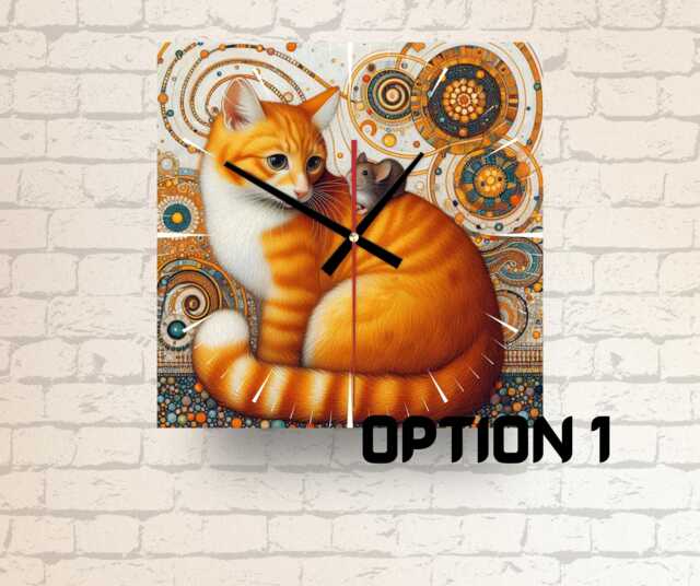 Klimt-Inspired Cat & Mouse Glass Wall Clock Whimsical Art Decor - image 1