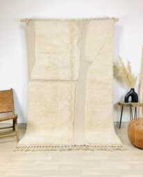 Beige Cream Block Rug, Abstract Moroccan Wool Custom Geometric Berber Carpet, Large Area Shag Minimalist Home Decor - thumbnail 1