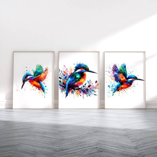 Kingfisher Art Print Set - Watercolour Prints - Kingfishers Painting Poster Picture Bird Wall Wildlife Gifts Home Decor Artwork - image 1