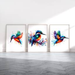 Kingfisher Art Print Set - Watercolour Prints - Kingfishers Painting Poster Picture Bird Wall Wildlife Gifts Home Decor Artwork - thumbnail 1
