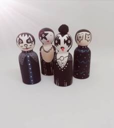 Hand Painted Kiss Inspired Peg Doll Ornaments, Cartoon Likeness - thumbnail 1
