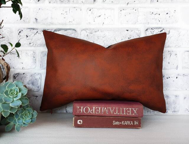 Terra-Cotta Faux Leather Pillow Cover Brown Linen Back - image 1