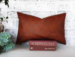 Terra-Cotta Faux Leather Pillow Cover Brown Linen Back - thumbnail 1