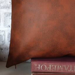 Terra-Cotta Faux Leather Pillow Cover Brown Linen Back - thumbnail 3