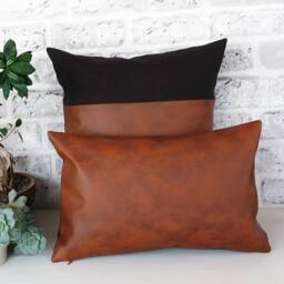 Terra-Cotta Faux Leather Pillow Cover Brown Linen Back - thumbnail 2